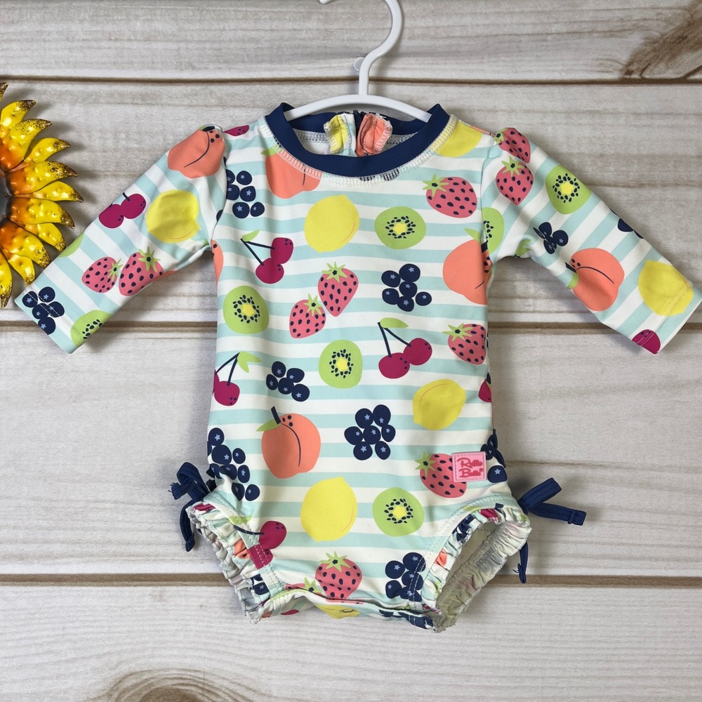 RuffleButts‎ Baby Girl Fruit Print Long Sleeve Rash Guard Swimsuit 0-3m UPF 50+